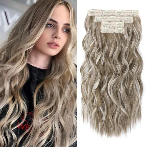 Vista 30 de REECHO Extensiones de cabello con pinza, 4 piezas de extensiones de cabello rubio de 24" de largo, ondas de playa gruesas, HE003, trama de encaje