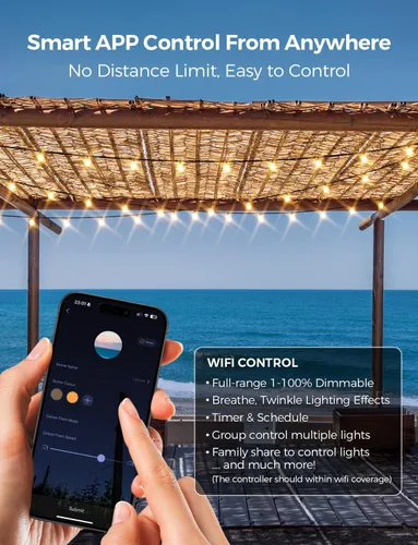 Vista 2 de Cadena de luces para exteriores – Cadena de luces al aire libre, impermeable, de 100 pies, luces LED de color blanco cálido regulables, control