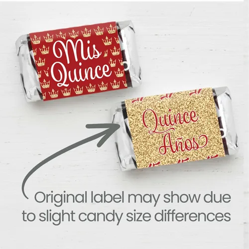 Vista 4 de Recuerdos de fiesta de quinceañera roja y dorada - Mini envoltorios de barra de caramelo - 45 calcomanías