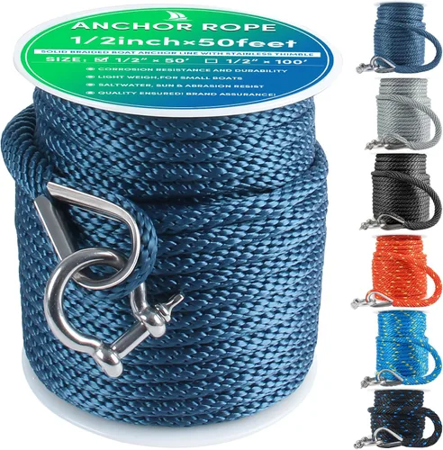 Vista 14 de Cuerda de anclaje premium de 50 pies x 1/2 pulgadas, línea de anclaje trenzada sólida MFP para barco con dedal y grillete - Negro