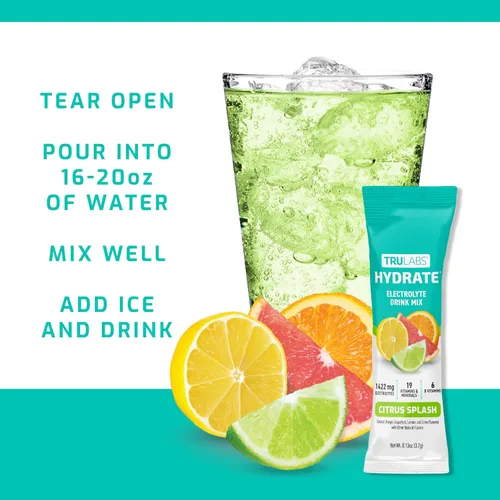 Vista 4 de TRULABS Hydrate - Mezcla de bebida con electrolitos – Sabor cítrico Splash, paquetes de hidratación sin azúcar con electrolitos de 1422 mg y 19