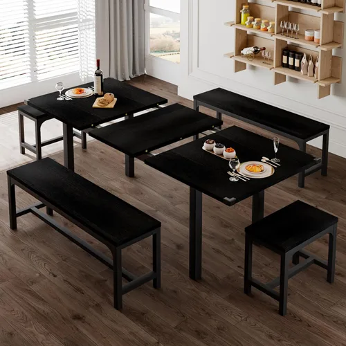 Vista 2 de Feonase Juego de mesa de comedor de 5 piezas para 4-8 personas, juego de mesa de cocina grande extensible de 63 pulgadas con 2 bancos y 2 taburetes