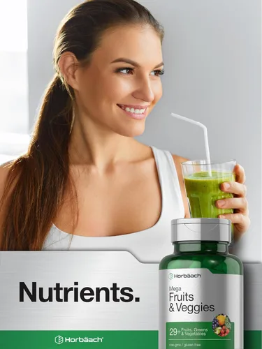 Vista 7 de Horbäach Suplemento Mega frutas y verduras 100 cápsulas Vegetariano, sin OMG y sin gluten