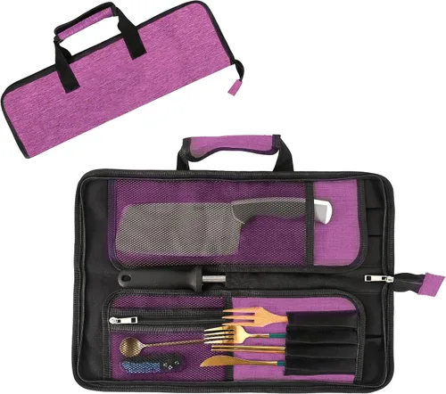 Vista 11 de Bolsa de rollo para cuchillos de chef, bolsa de cuchillo de chef Oxford resistente, estuche portátil para cuchillos de chef de 13 ranuras Negro