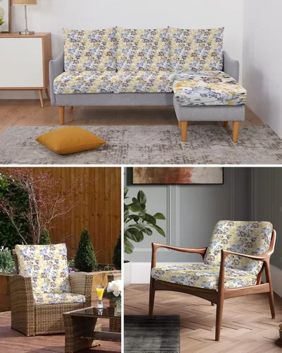 Vista 6 de Fundas de cojín elásticas para sofá con estampado de flores amarillas, azules y marrones, con parte inferior elástica, fundas protectoras lavables