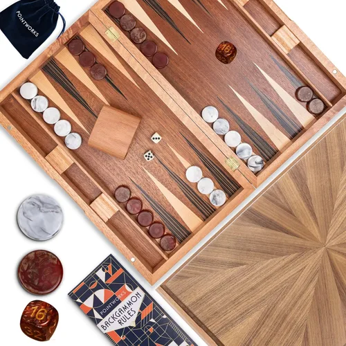 Pointworks Juegos de backgammon de 17 pulgadas para adultos. Hermoso juego de mesa de backgammon con incrustaciones de madera con damas y dados