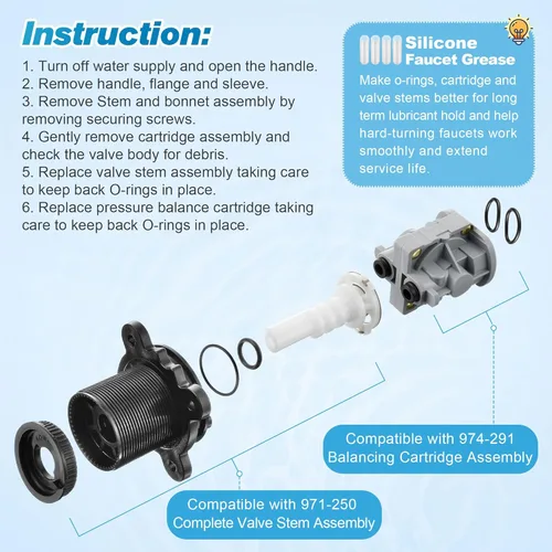 Vista 9 de Dreyoo Cartucho de equilibrio de presión de 2 piezas y conjunto de vástago de válvula, compatible con 971-2500 y 974-2910, compatible con válvula