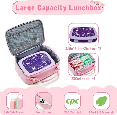 Vista 2 de Lonchera para niñas, bolsa de almuerzo rosa arcoíris impermeable, con aislamiento térmico, correas ajustables para el hombro, lonchera de ballet