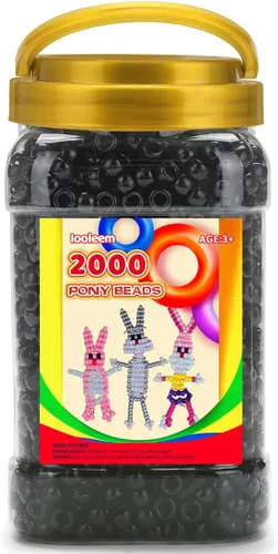 IOOLEEM Cuentas de pony (2000 piezas, cuentas de pony negras), cuentas para hacer joyas, cuentas para manualidades, suministros para ensartar