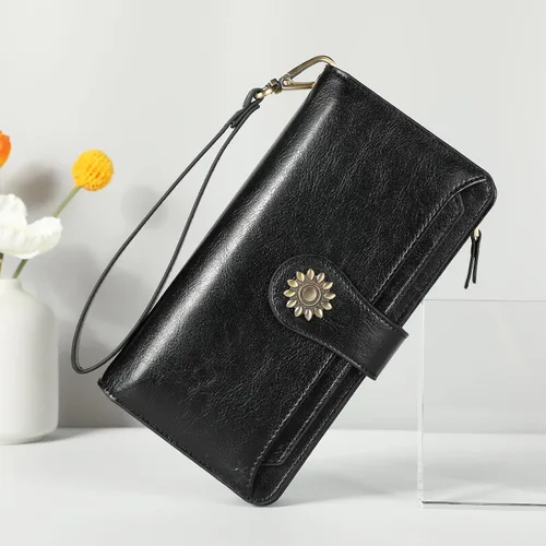 Vista 3 de Lavemi Carteras de cuero genuino de gran capacidad con bloqueo RFID para mujer, tarjetero con correa para la muñeca