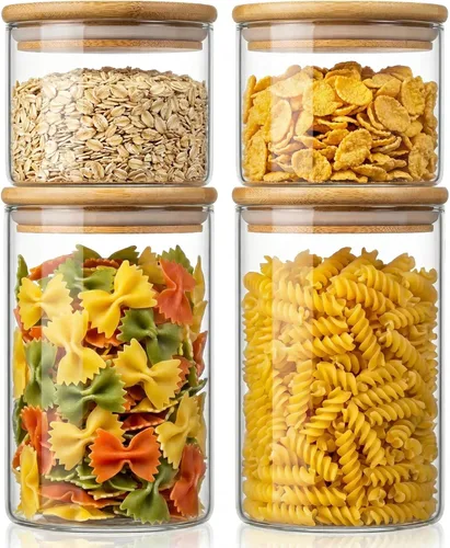 Vista 11 de 32oz - Juego de 4 frascos de vidrio con tapas de bambú, recipientes de almacenamiento de vidrio para despensa con tapas herméticas, botes redondos