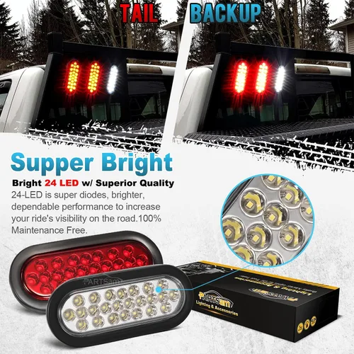 Vista 4 de Partsam 2 luces traseras ovaladas rojas + 2 blancas de 6 pulgadas, 24 luces traseras de freno, kit de luz de marcha atrás para camión, remolque