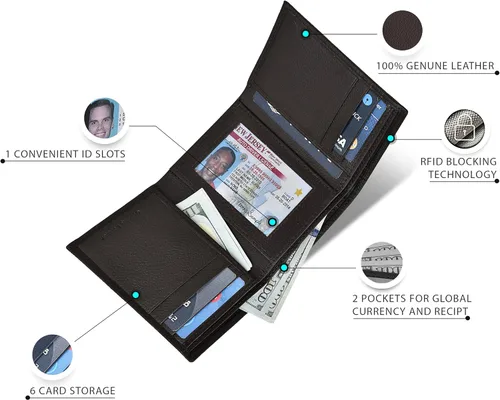 Vista 3 de Carteras RFID delgadas para hombre billetera triple con bolsillo frontal de cuero genuino Cartera RFID