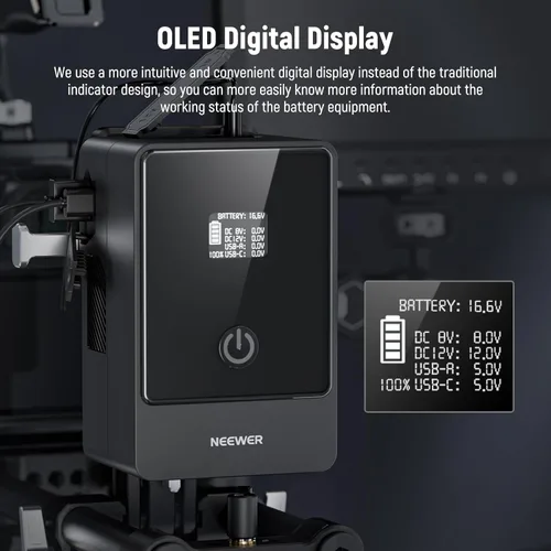 Vista 7 de Neewer Mini batería de montaje en V PS099E, 6800mAh 99Wh 14.5V V Lock Batería con cable tipo C/DC5521/DC5525, pantalla OLED, carga rápida 65W PD USB