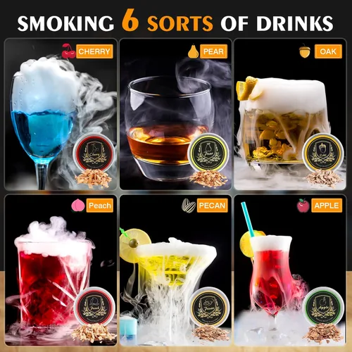Vista 3 de Kit de ahumado para cócteles de whisky con antorcha, astillas de madera de 6 sabores, 2 vasos para whisky, 2 moldes para bolas de hielo, kit