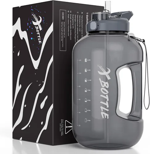 Botella de agua de 1 galón con tapa de popote y bebida, sin BPA, apta para lavavajillas, botella de agua grande de 128 onzas con marcador de tiempo