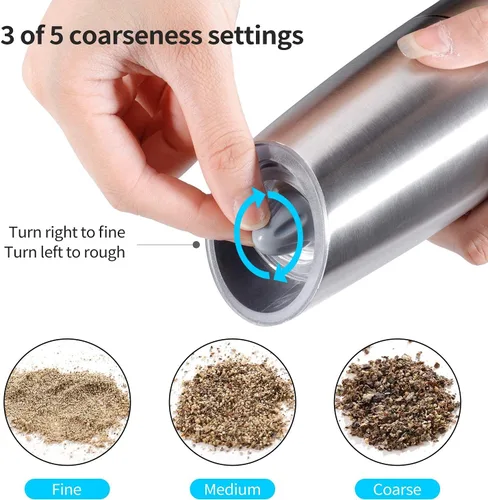 Vista 6 de Juego de 2 molinillos eléctricos de sal y pimienta, molinillo automático de sal y pimienta, rugosidad ajustable, funciona con pilas con luz LED