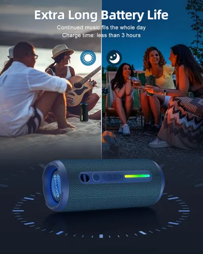 Vista 7 de OHAYO - Altavoz Bluetooth portátil, impermeable IPX7, inalámbrico con sonido estéreo de 24W, graves extra, Bluetooth 5.3, luces RGB, emparejamiento