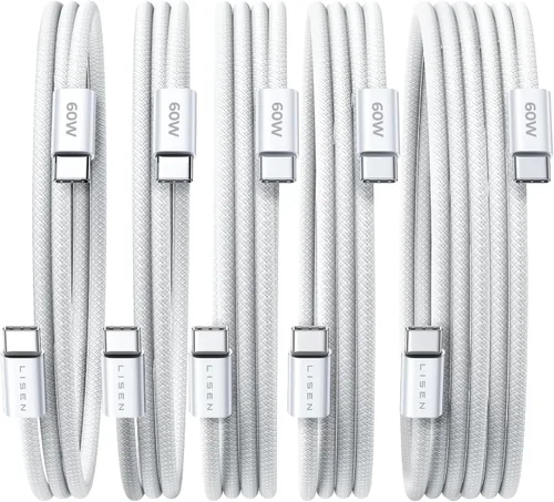 Vista 28 de LISEN Cable USB C, paquete de 5 cables USBC a USBC [0.5 pies] para iPhone 17 16e 15 Pro Max, cable de carga rápida de 60 W C a C para Galaxy Negro
