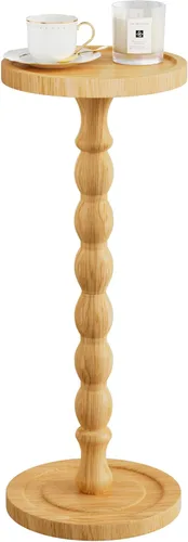 Vista 15 de Mesa auxiliar pequeña, mesa de bebida de madera de caucho para espacios pequeños, mesas de café con pedestal de madera maciza, mesas auxiliares