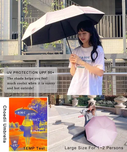 Vista 2 de choedii Paraguas para el sol, protección UV, sólido, compacto, portátil, automático, paraguas de lluvia de viaje, para mujer, impermeable, plegable