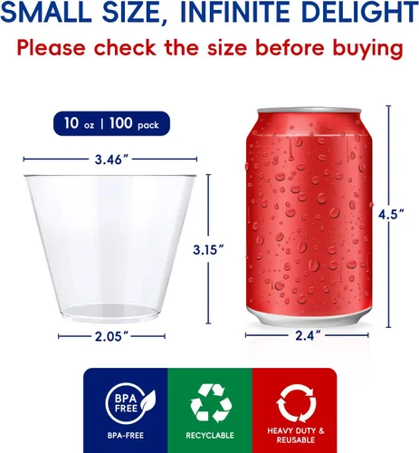 Vista 2 de JOLLY CHEF Vasos desechables de plástico transparente de 10 onzas, paquete de 100 vasos de plástico transparente resistente para boda, Acción