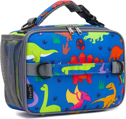 Vista 17 de FlowFly - Lonchera infantil, bolsa escolar aislada duradera con correa de hombro y soporte para botellas, minihielera térmica resistente al agua