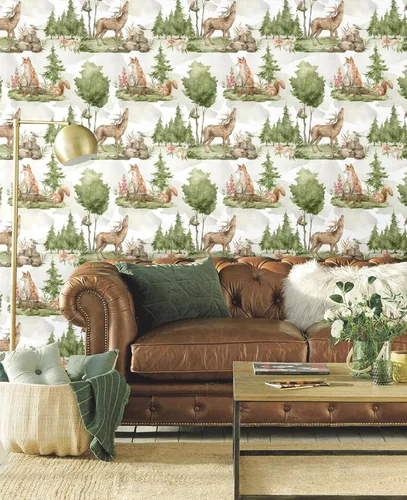 Vista 6 de Blooming Wall Papel tapiz autoadhesivo con diseño de animales lindos en bosque verde Fondo oscuro