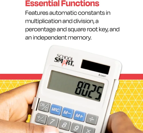Vista 4 de School Smart Calculadora de bolsillo de doble potencia LCD de 8 dígitos, 2-7/8 x 3/8 x 4-5/8 pulgadas