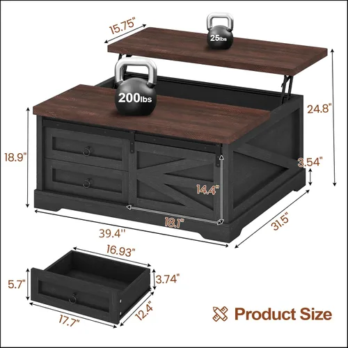 Vista 2 de Itaar - Mesa auxiliar de 39.4" con tablero de elevación y almacenamiento, mesas de café de estilo granja para sala de estar, mesa de café cuadrada