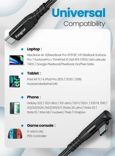Vista 5 de Fasgear Cable USB C a USB C, paquete de 3 cargadores USB 2.0 tipo C de 60 W, carga rápida, trenzado en ángulo recto, compatible con Galaxy S22 S21