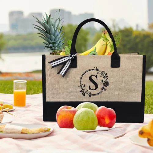 Vista 3 de TOPDesign Personalized Initial JuteCanvas Beach Bag, Monogrammed Gift Tote Bag for Women