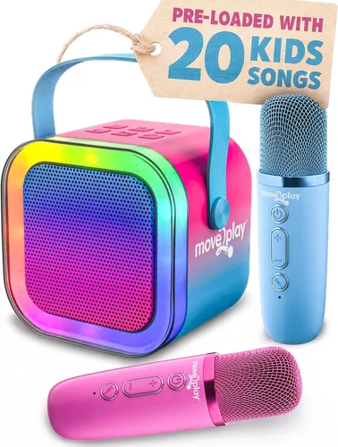 Move2Play, Mini máquina de karaoke para niños | Más de 20 canciones integradas | Altavoz Bluetooth con micrófonos | Efectos de voz | Juguete musical