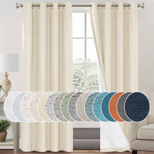 Vista 309 de PrinceDeco Cortinas con textura de lino 100% opacas de 64 pulgadas de largo, juego de 2 paneles de cortinas de lino opacas con forro aislante Arena