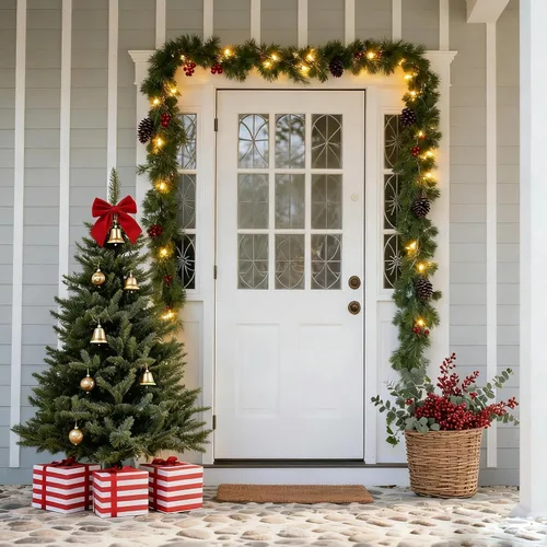 Vista 5 de Guirnalda de Navidad de 6 pies preiluminada con luces - Guirnalda artificial de pino Norfolk - Decoración del hogar para repisa, chimenea, puerta
