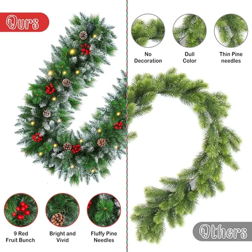 Vista 5 de Guirnalda de Navidad con luces, guirnalda preiluminada flocada de 9 pies con 30 luces LED, bayas rojas, piñas de pino, guirnalda de pino artificial