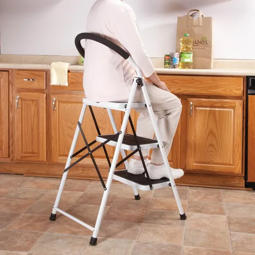 Vista 4 de LivingSURE Combo de taburete de escalera de 3 escalones con asa, taburete plegable antideslizante, escalera de pedal extra ancha resistente