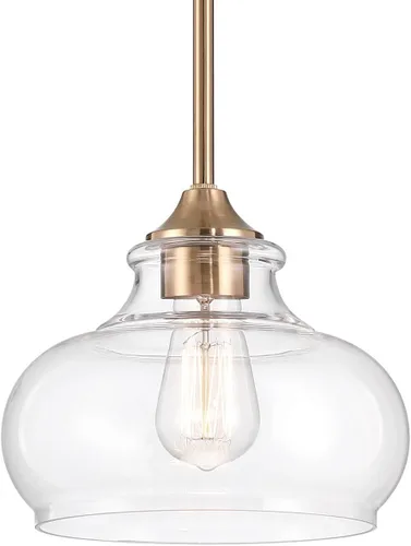 Kira Home Harlow - Lámpara colgante moderna de 9 pulgadas con pantalla de vidrio transparente, lámpara colgante de estilo industrial dorado con
