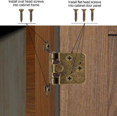 Vista 5 de 4 Pack (2 Pares) Bisagras de cierre automático de latón antiguo para puerta de gabinete de cocina, 1/2" de superposición (variable) Bisagras