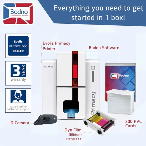 Vista 2 de Evolis Primacy - Impresora de tarjetas de identificación de doble cara y paquete completo de suministros con software de identificación Bodno Bronze