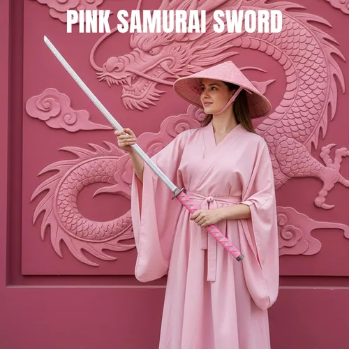 Vista 4 de Katana de dragón antiguo de 3 piezas rosa con vaina grabada y soporte de exhibición