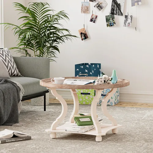 Vista 5 de COZAYH Mesa auxiliar redonda de granja con acabado hecho a mano, bandeja de madera con parte superior rústica para mayor grosor, mesa auxiliar