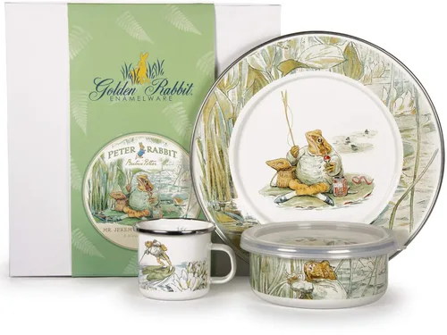 Vista 7 de Golden Rabbit Juego de vajilla infantil esmaltada: plato, taza y cuenco con tapa, conejitos azules