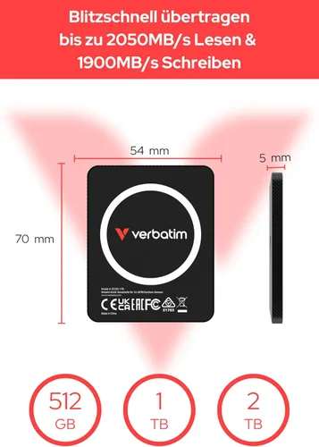 Vista 3 de Verbatim Snapback SSD UltraSlim 1TB, Magsafe, External Hard Drive, Supports Apple ProRes 4K, USB 3.2 Gen 2x2, up to 2050MB/s Read/Write, External