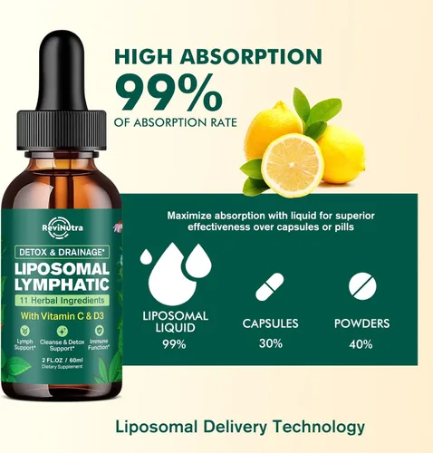 Vista 5 de Gotas líquidas de drenaje linfático liposomal, suplemento de apoyo linfático con raíz de diente de león, cuchillas, equinácea, caléndula