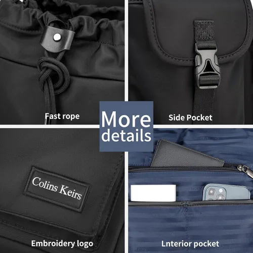 Vista 6 de Mochila negra para hombre, mochila para laptop de 16 pulgadas con compartimento para computadora, mochila delgada e impermeable con cordón