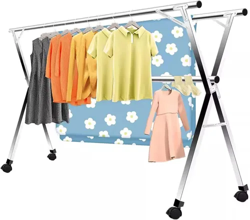 Foldable Clothes Drying Rack, Stainless Steel Laundry Drying Stand for Indoor Outdoor Use, Space-Saving Adjustable Garment Rack for Clothes, Towels,