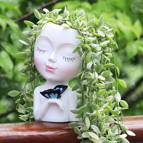 Maceta con Cara/Maceta de Flores para Plantas de Interior y Exterior, Resina, Maceta para Suculentas con Agujero de Drenaje, Linda Maceta de Dama