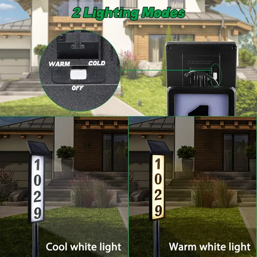 Vista 3 de FORUP Letrero de números de dirección de casa con luz solar, luz solar con números de casa, placa de dirección iluminada por LED para exteriores