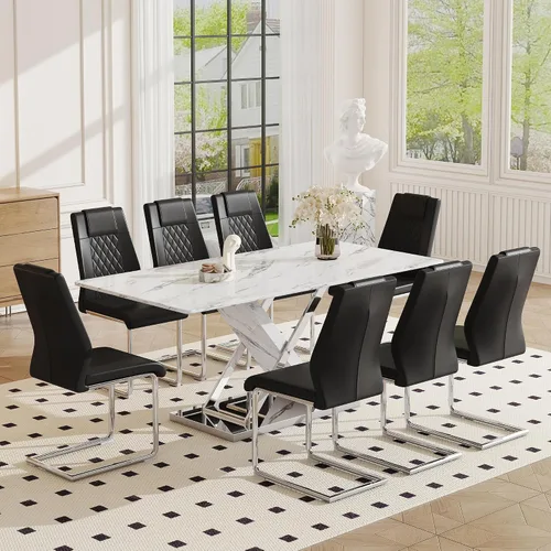 Vista 11 de Juego de Mesa de Comedor de Mármol para 4, Mesa Rectangular Negra de 63 Pulgadas con Marco de Metal Dorado en Forma de X y 4 Sillas de Comedor